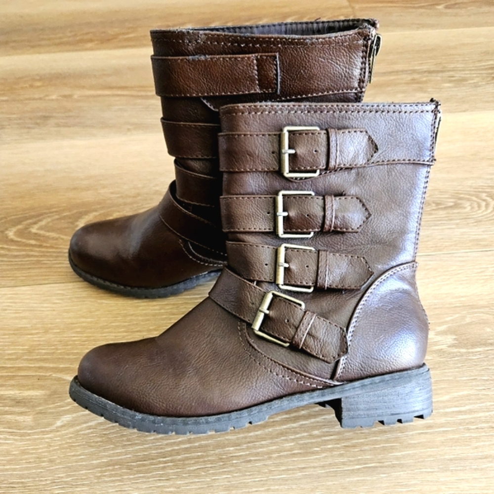 Women's Brown Wide Chunky Short Strappy Buckle Boots Booties Shoes Back Zipper